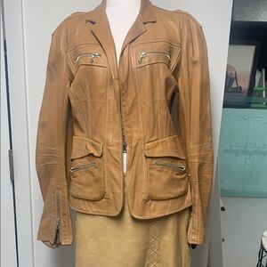 Tan Leather Jacket with Military-Inspired Design
